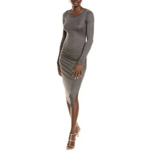 Michael Stars Anita Midi Dress Shimmer Silver Gray ruched size Large